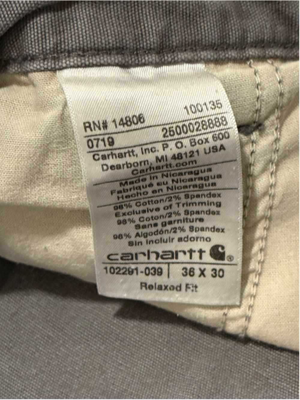 Carhartt 102291-039 Mens 36x30 Relaxed Fit Gray Canvas Work Carpenter Pants - Picture 5 of 5